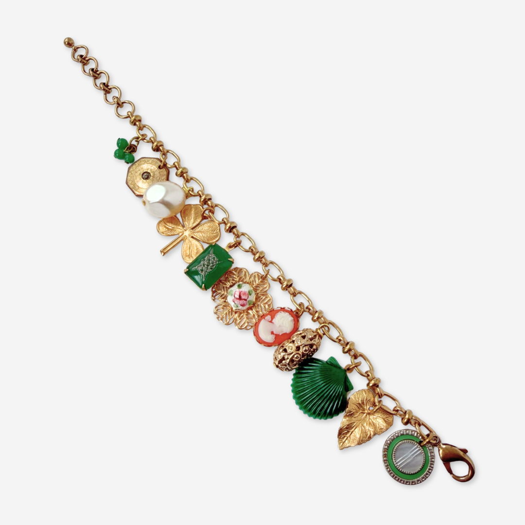 Repurposed vintage mixed charm bracelet: Green