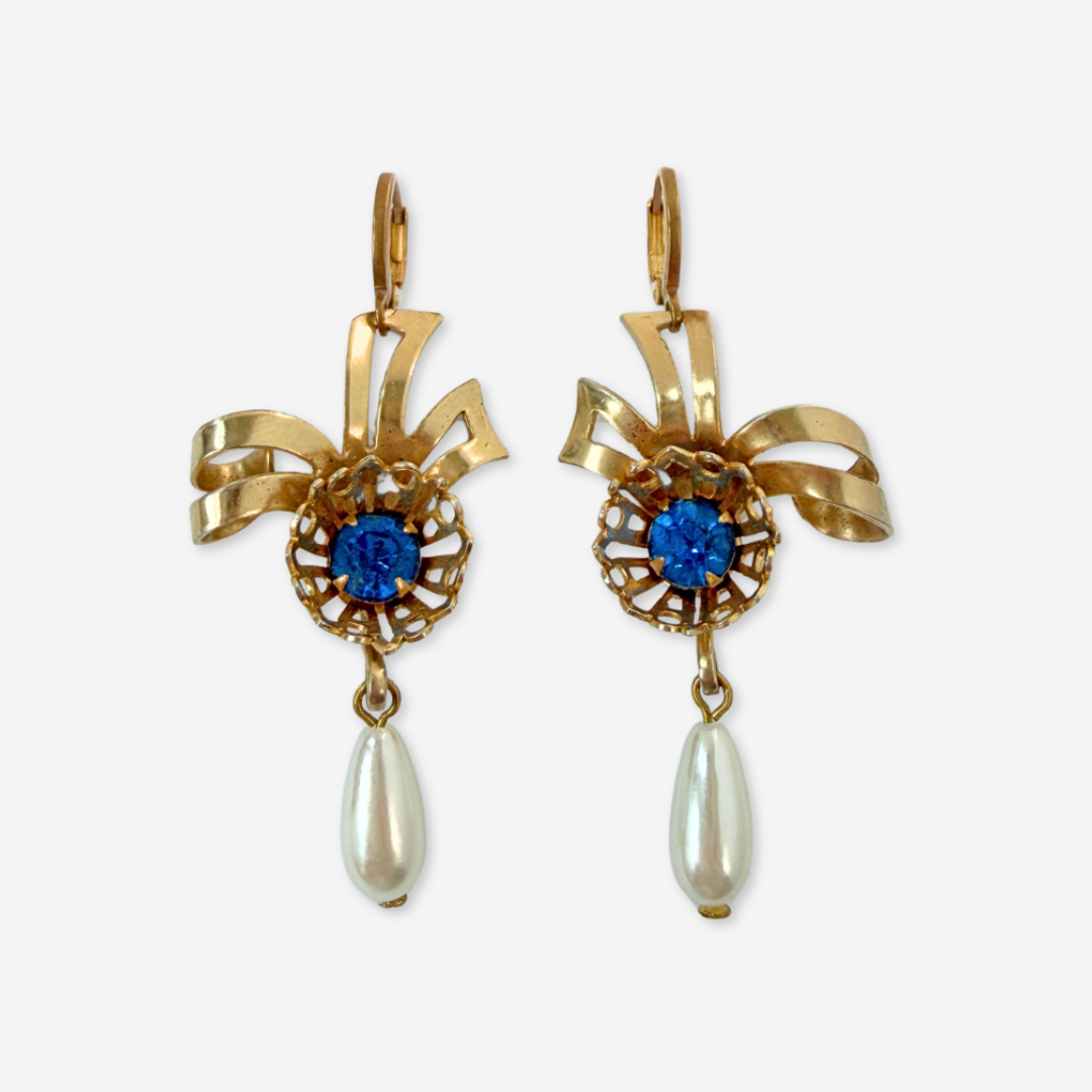 Refashioned vintage blue rhinestone and pearl bow earrings