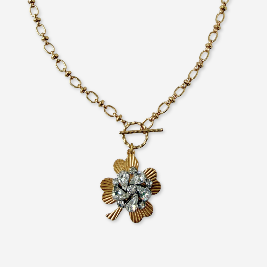 Large solid brass four leaf clover pendant with vintage clear rhinestone embellishment