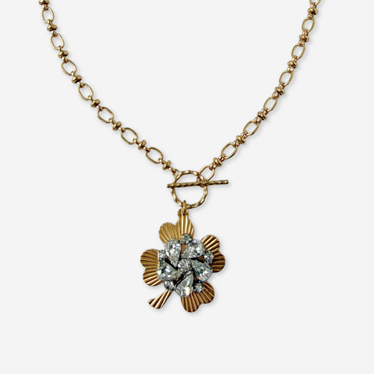 Large solid brass four leaf clover pendant with vintage clear rhinestone embellishment