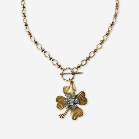 Large solid brass four leaf clover pendant with vintage clear rhinestone embellishment