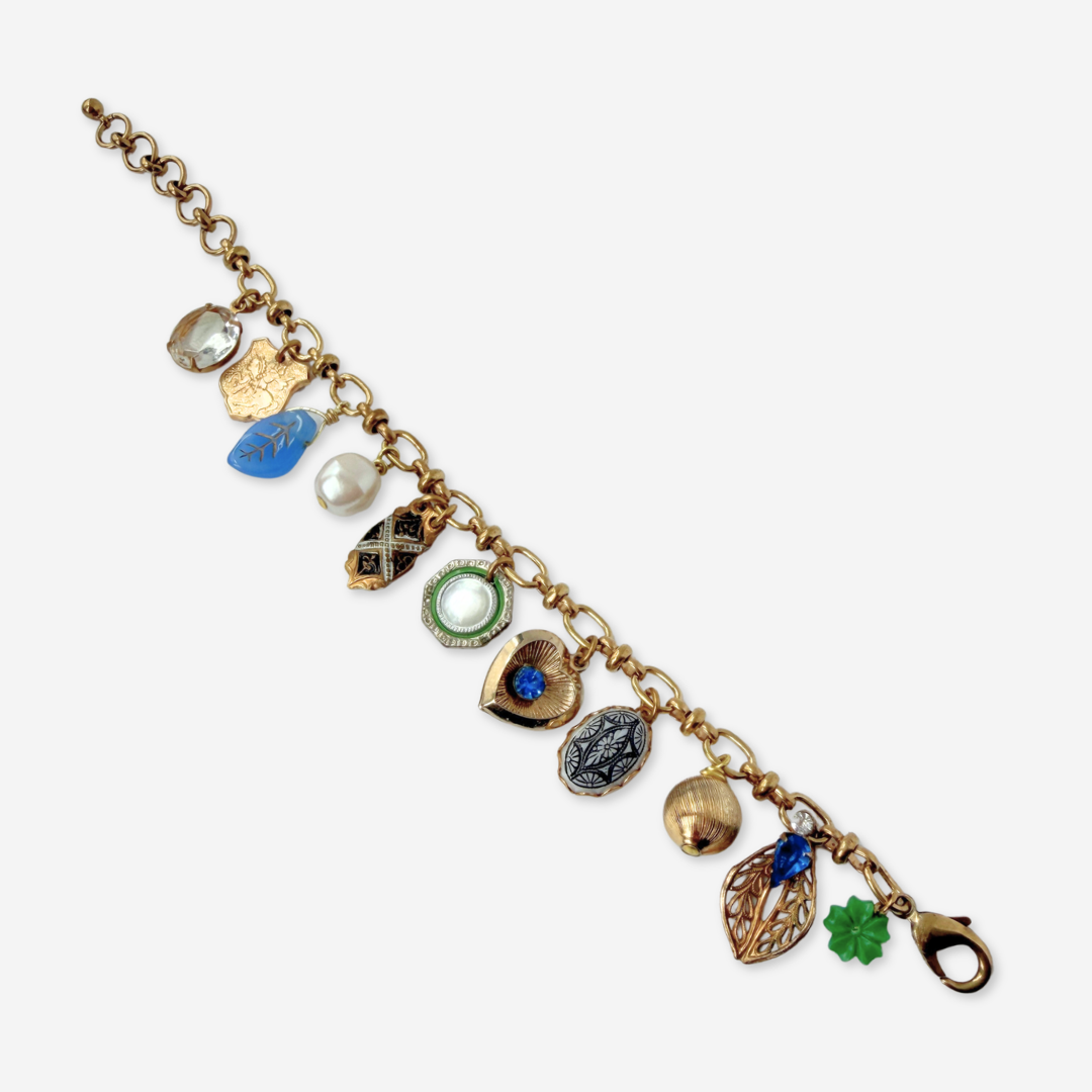 Repurposed vintage green and blue mixed charm bracelet