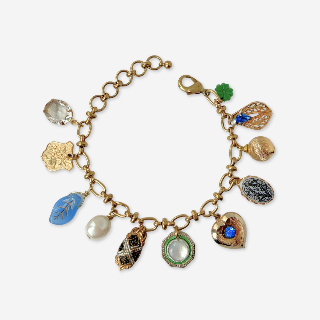 Repurposed vintage green and blue mixed charm bracelet
