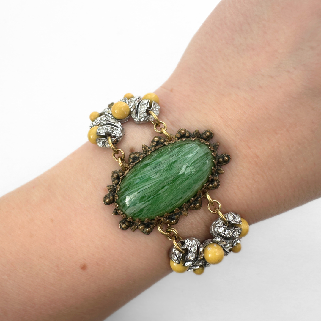 Refashioned Vintage green swirled glass oval statement bracelet