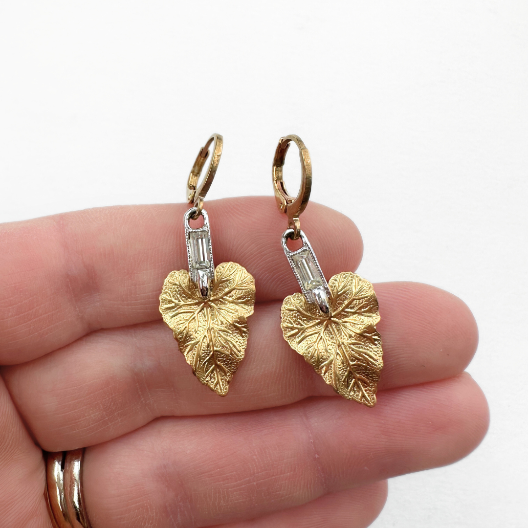 Refashioned vintage clear rhinestone earrings with brass leaf drop
