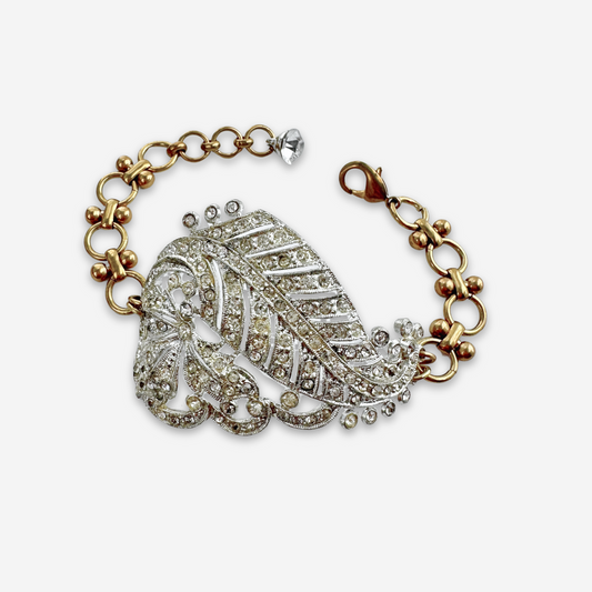 Refashioned vintage clear rhinestone leaf bracelet with brass chain