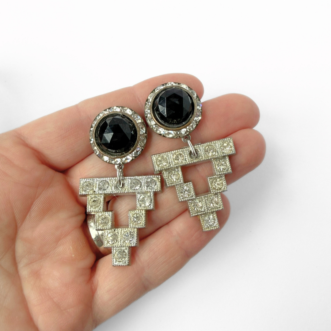 Refashioned clear rhinestone and black deco statement earrings