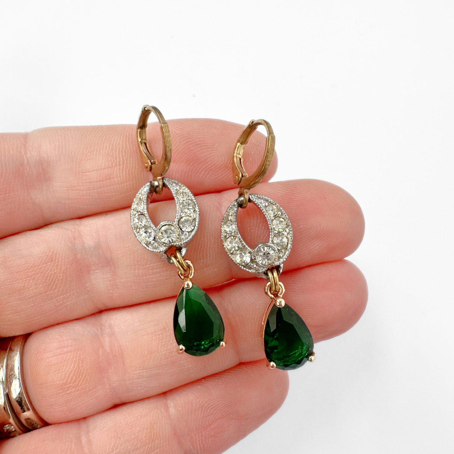 Repurposed vintage clear rhinestone link earrings with emerald green teardrop