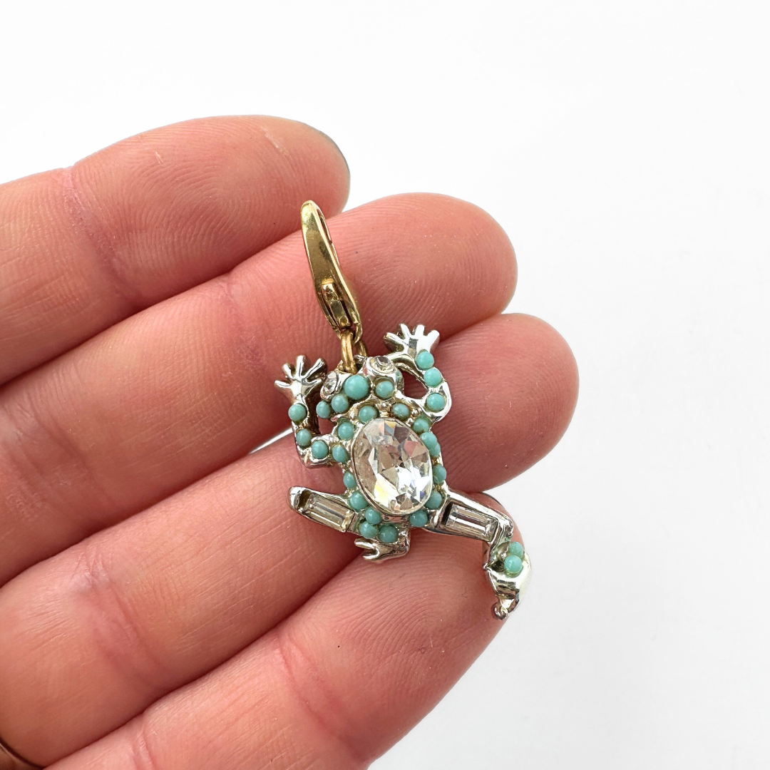 Vintage turquoise and rhinestone embellished frog charm