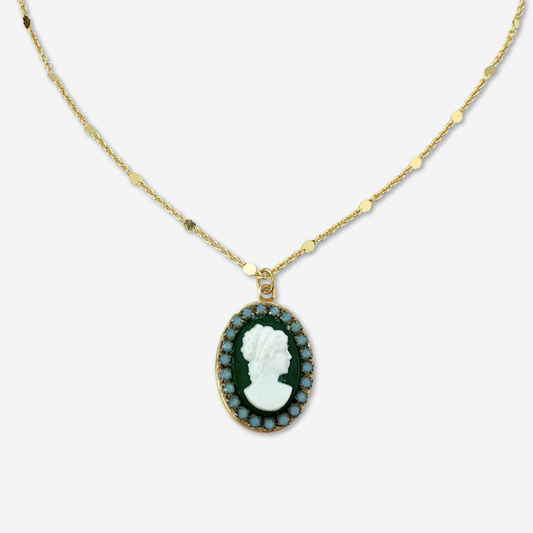 Petite green oval cameo pendant necklace on gold plated satellite chain