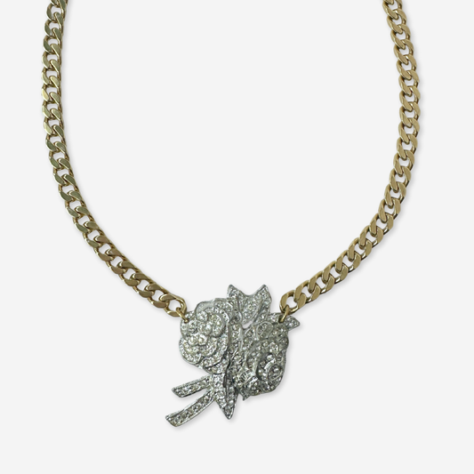Vintage clear rhinestone flower bouquet pendant on brass chain