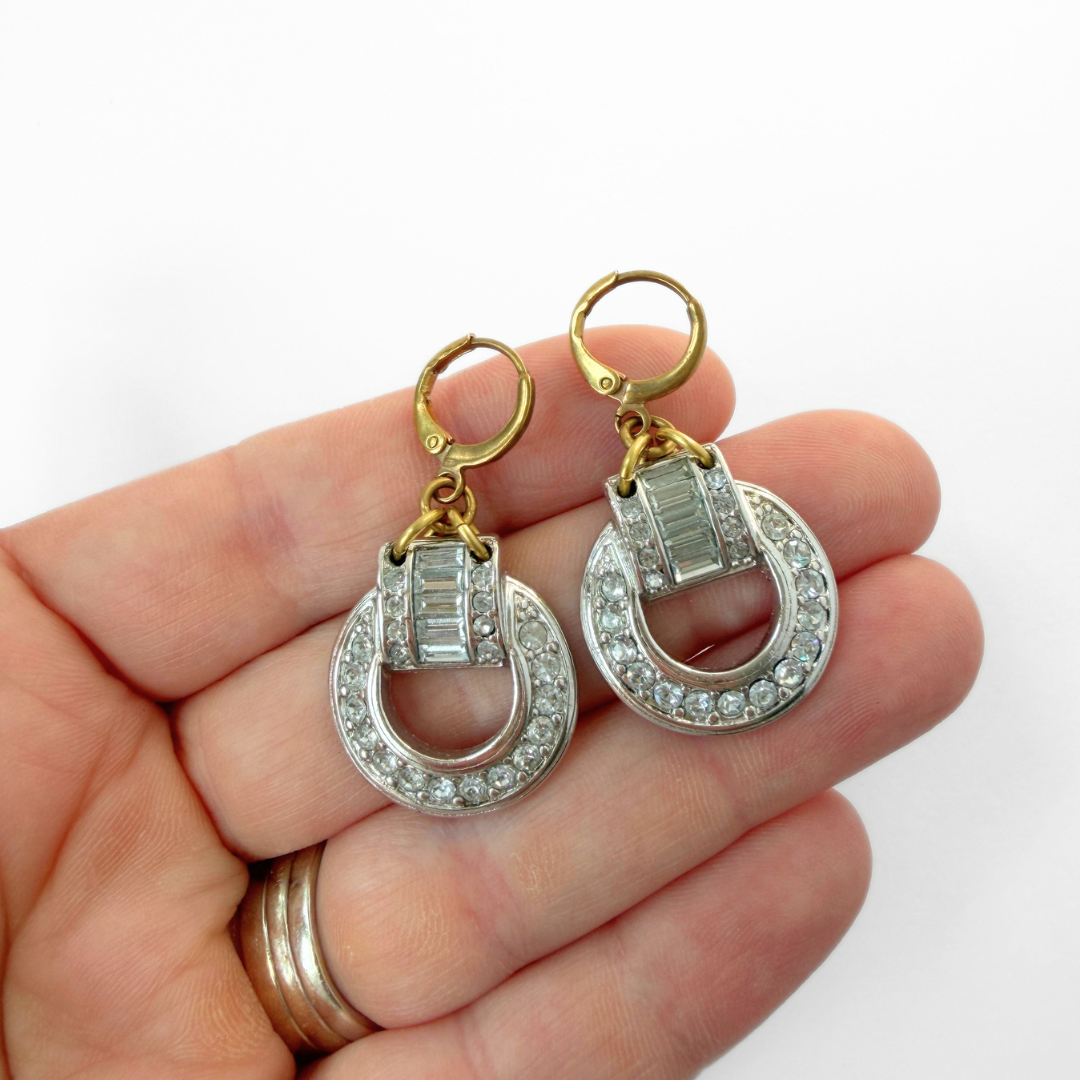 Vintage Art Deco clear rhinestone circular earrings