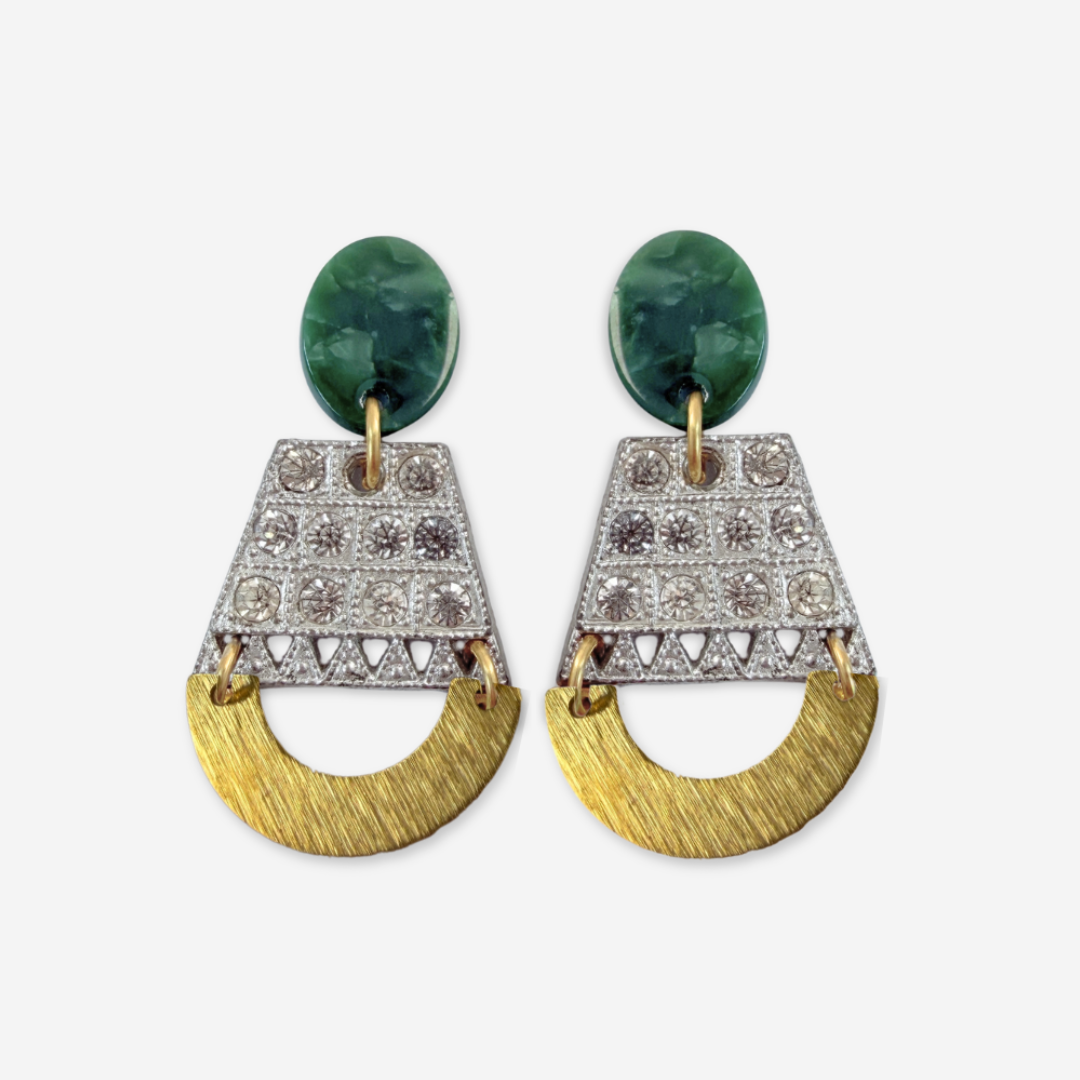 Refashioned vintage deco earrings with green oval post and brass