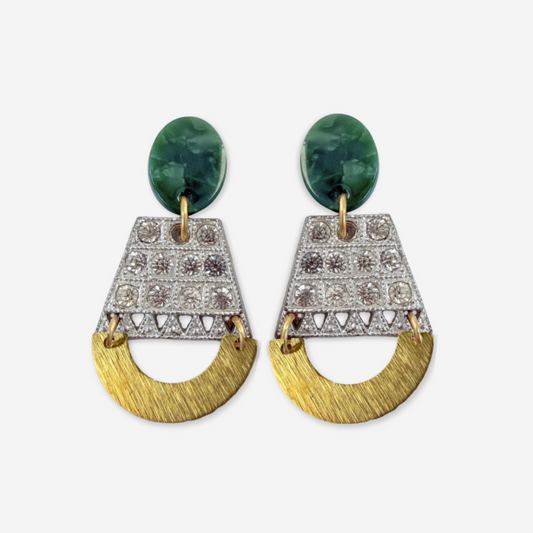 Refashioned vintage deco earrings with green oval post and brass
