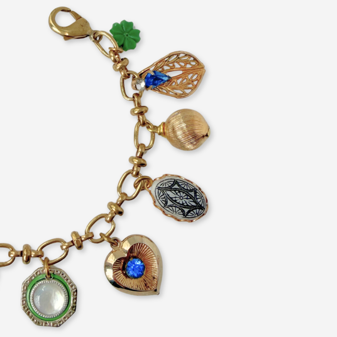 Repurposed vintage green and blue mixed charm bracelet