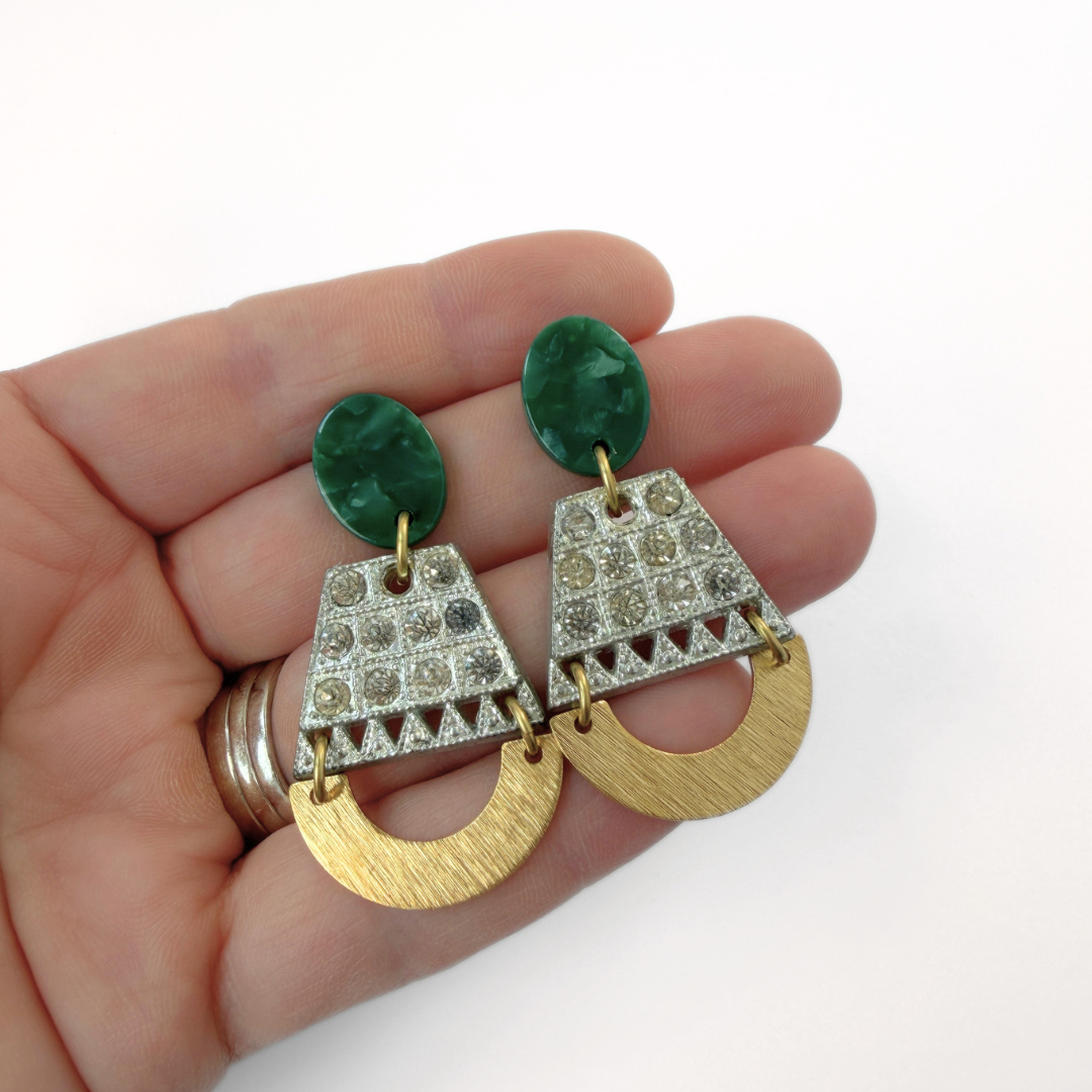 Refashioned vintage deco earrings with green oval post and brass