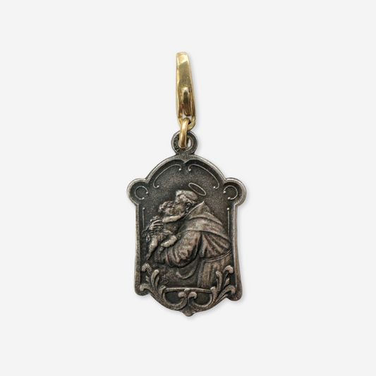 Vintage aged silver Saint Anthony and guardian angel charm pendant