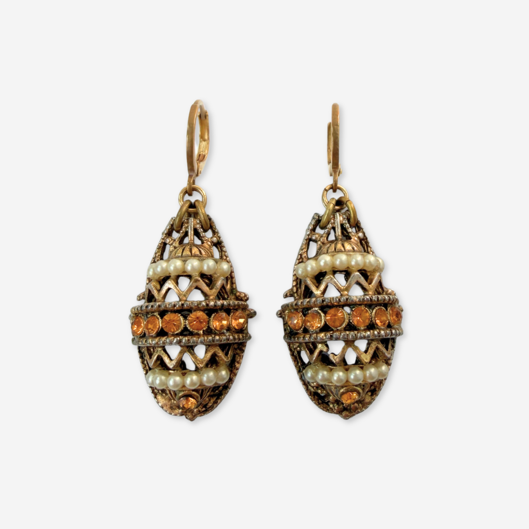 Refashioned vintage antique brass, topaz, and pearl drop earrings