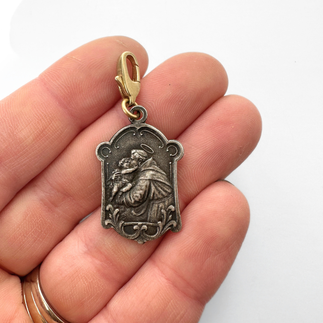 Vintage aged silver Saint Anthony and guardian angel charm pendant