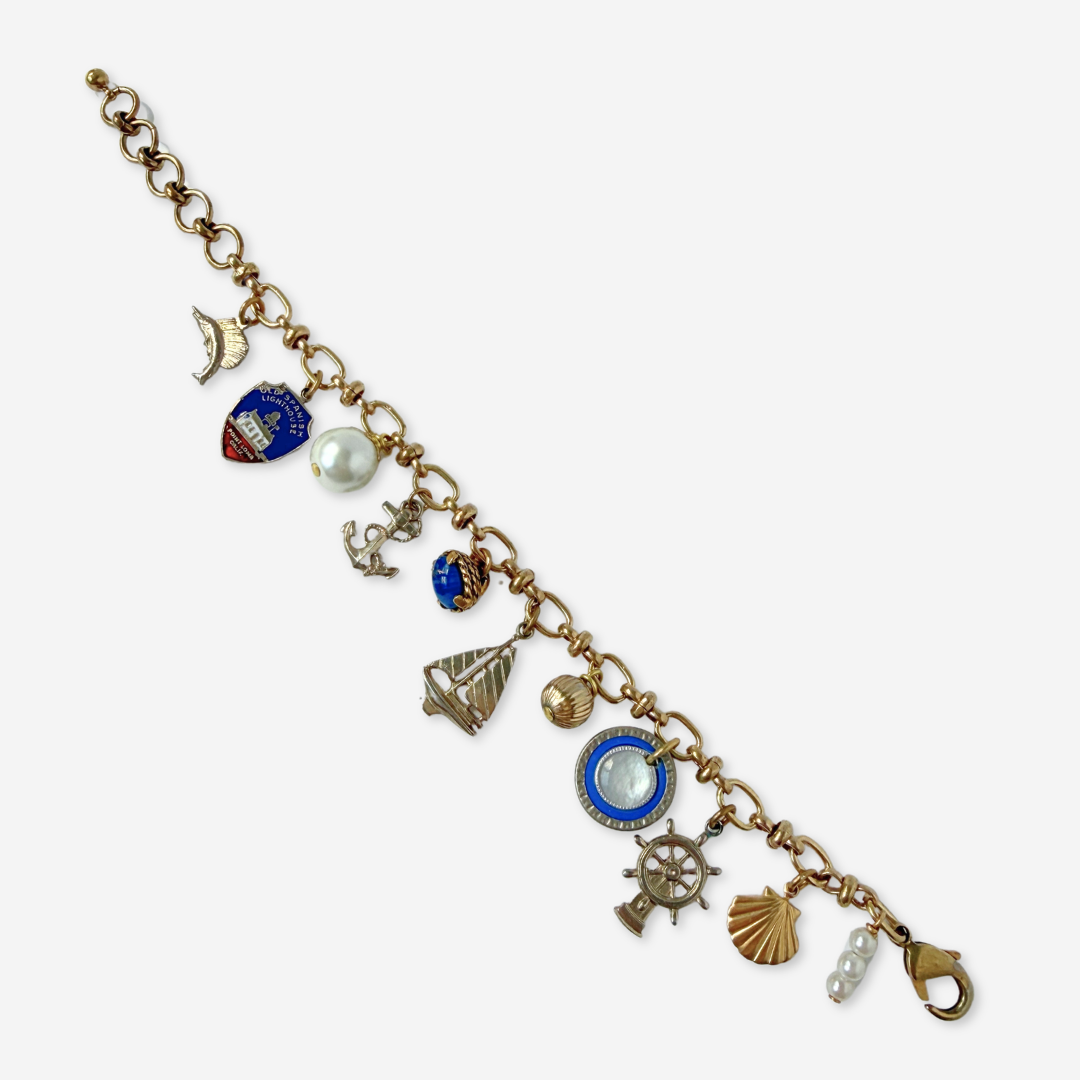 Repurposed vintage blue nautical mixed charm bracelet
