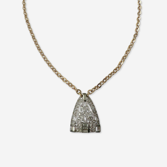 Vintage clear rhinestone deco pendant on gold plated chain