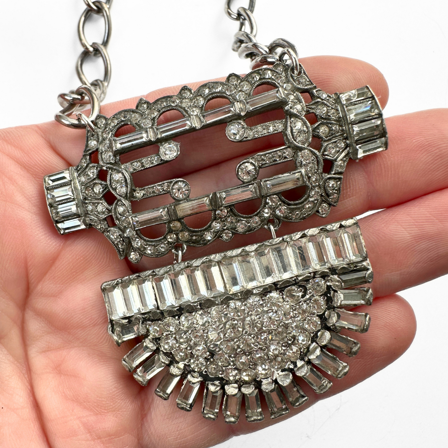 Refashioned vintage 2-piece art deco clear rhinestone pendant with silver chain