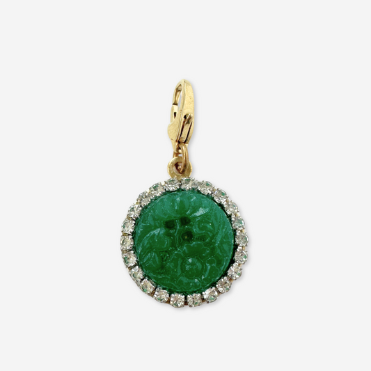 Vintage pierced green jade floral and rhinestone charm