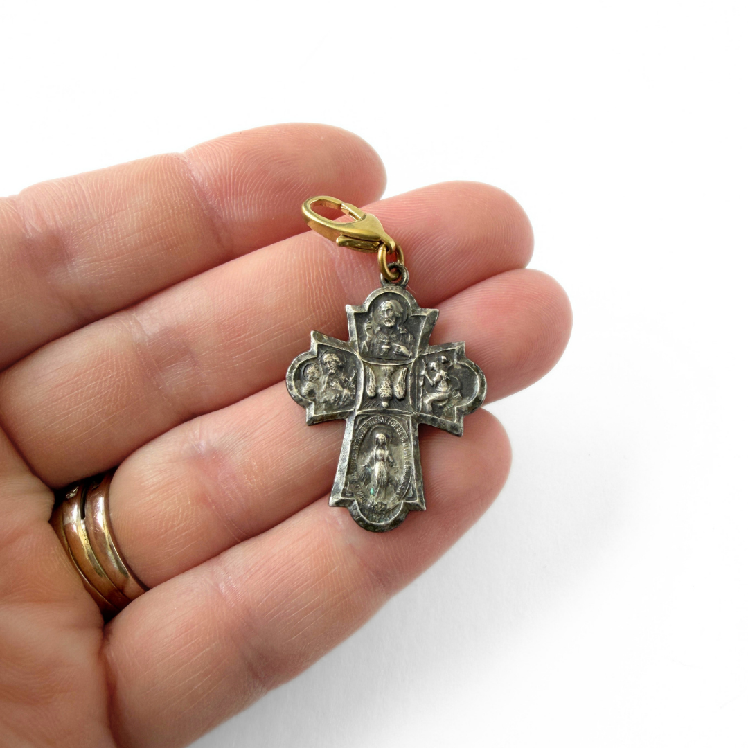 Vintage aged silver four-way scapular cross charm pendant