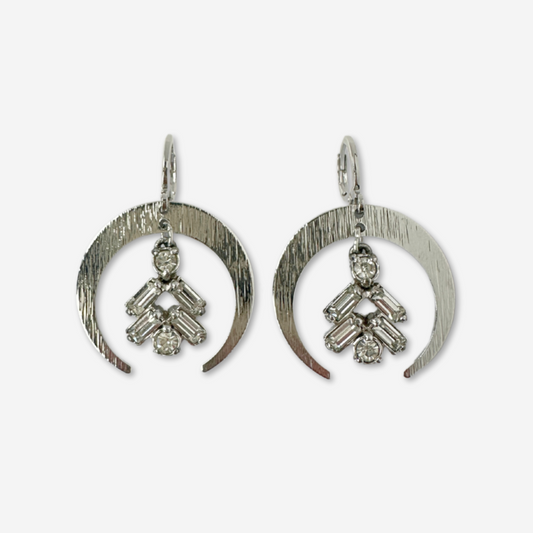 SIlver crescent hoop earrings with vintage clear rhinestone center drops