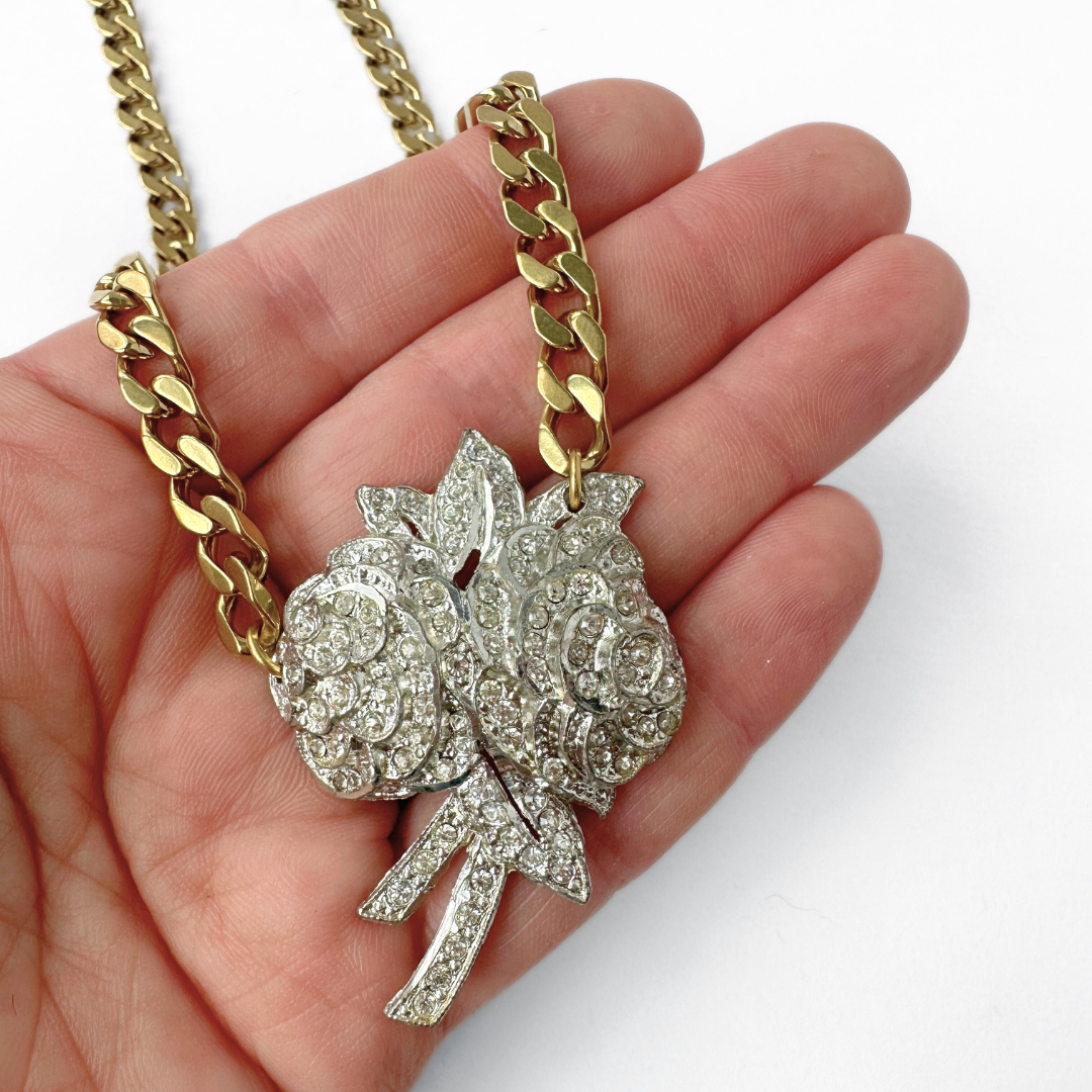 Vintage clear rhinestone flower bouquet pendant on brass chain
