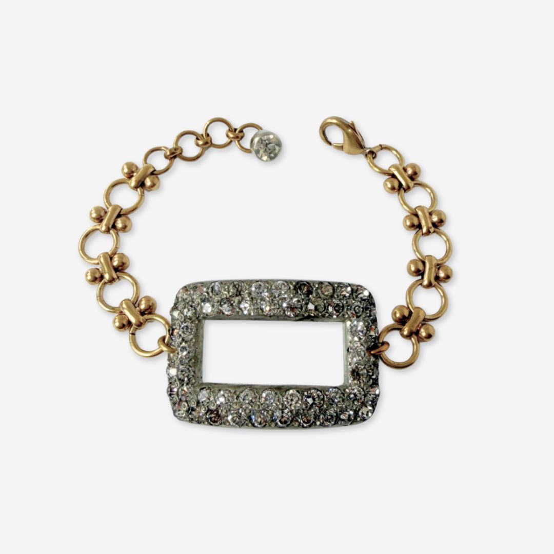 Repurposed vintage Rhinestone shoe buckle bracelet with brass chain