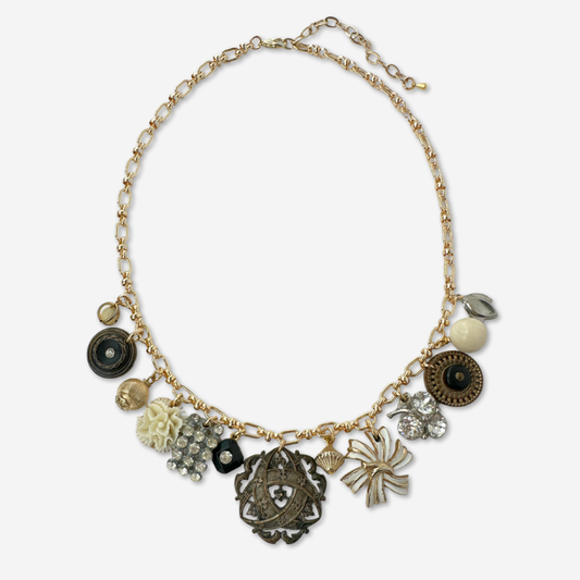Repurposed vintage neutral charm necklace on gold plated chain