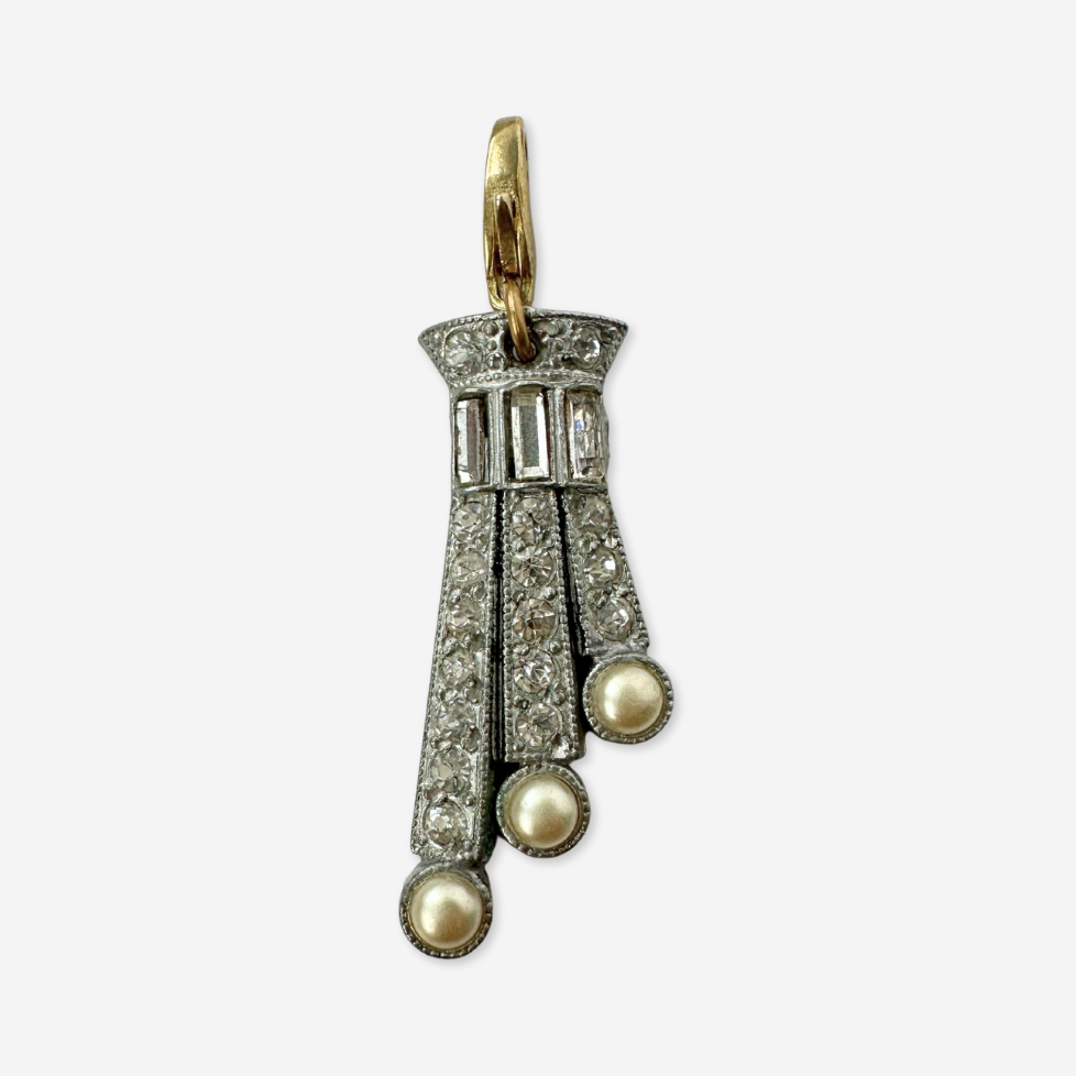 Vintage clear rhinestone and pearl asymmetrical art deco charm