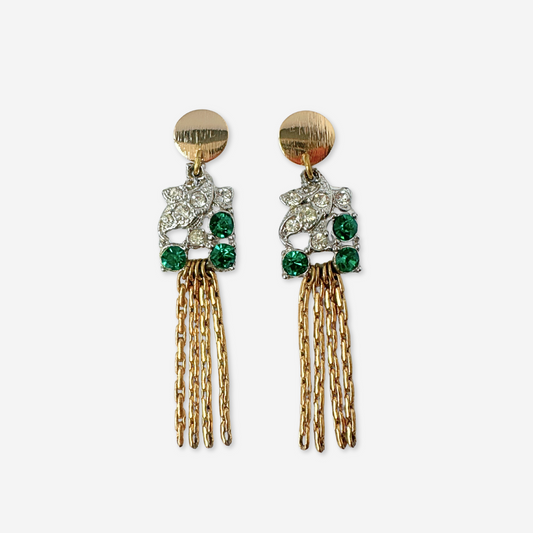 Green and clear refashioned vintage rhinestone gold tassel earrings