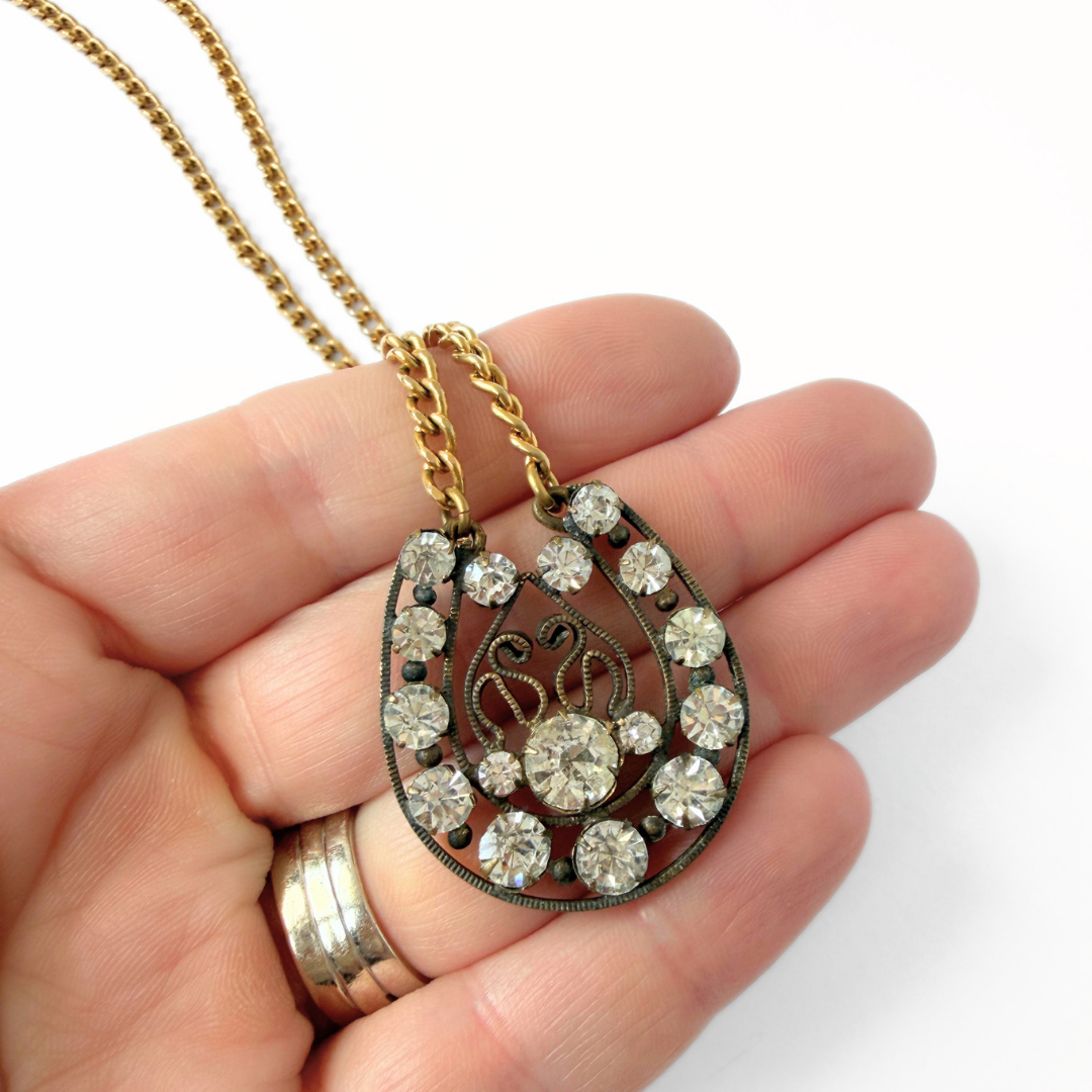 Antique Czech glass crystal horseshoe-shaped pendant necklace