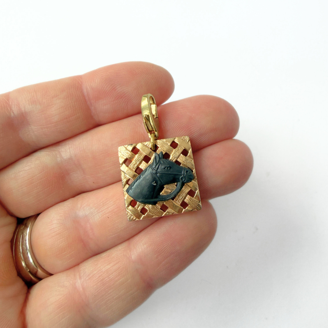 Refashioned Vintage gold plated and black acrylic horse head charm
