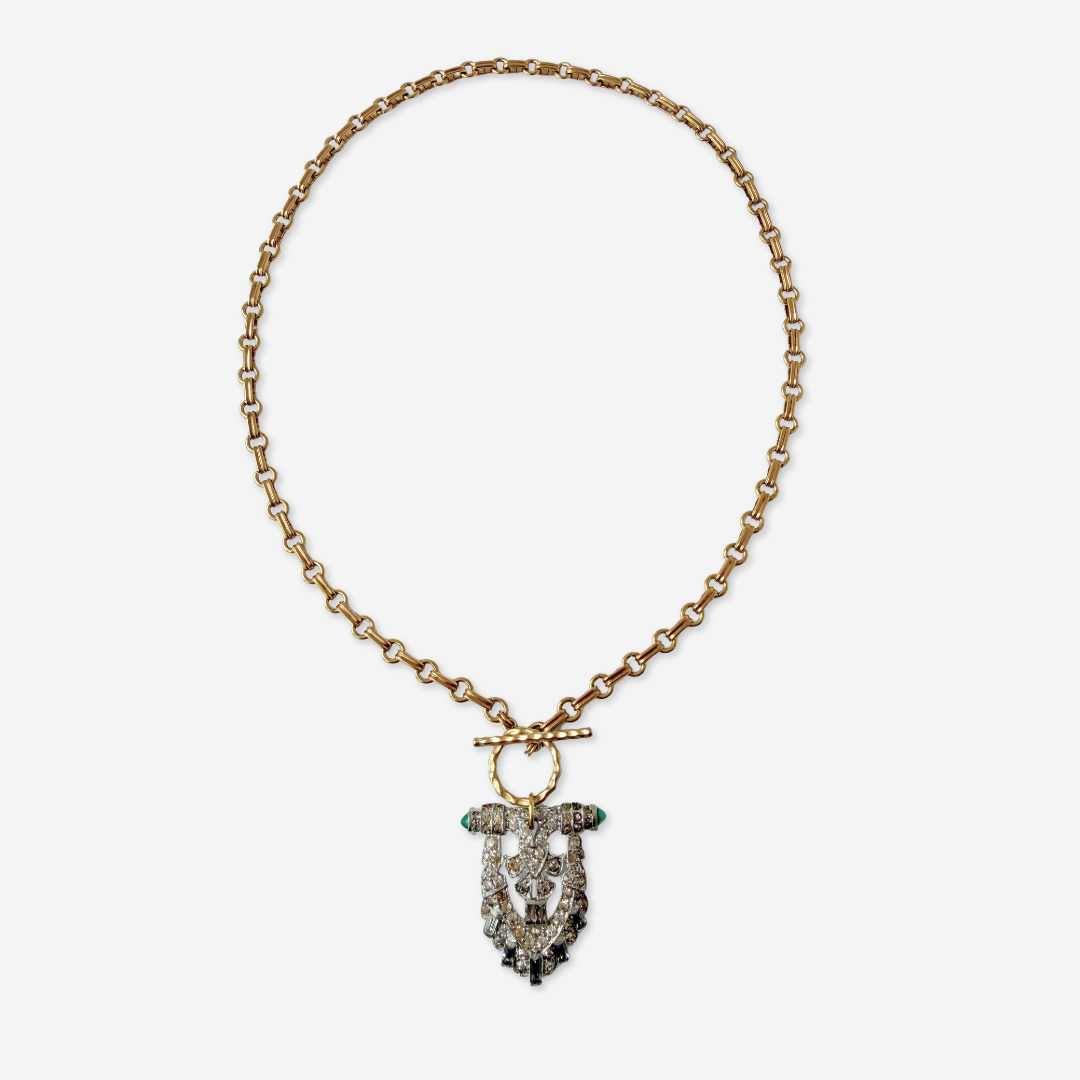 Vintage clear and emerald rhinestone deco pendant with brass chain and toggle