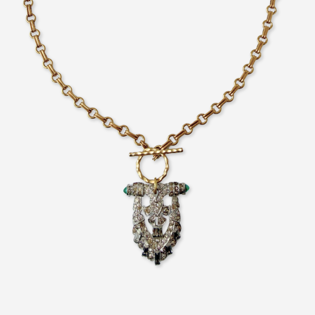 Vintage clear and emerald rhinestone deco pendant with brass chain and toggle