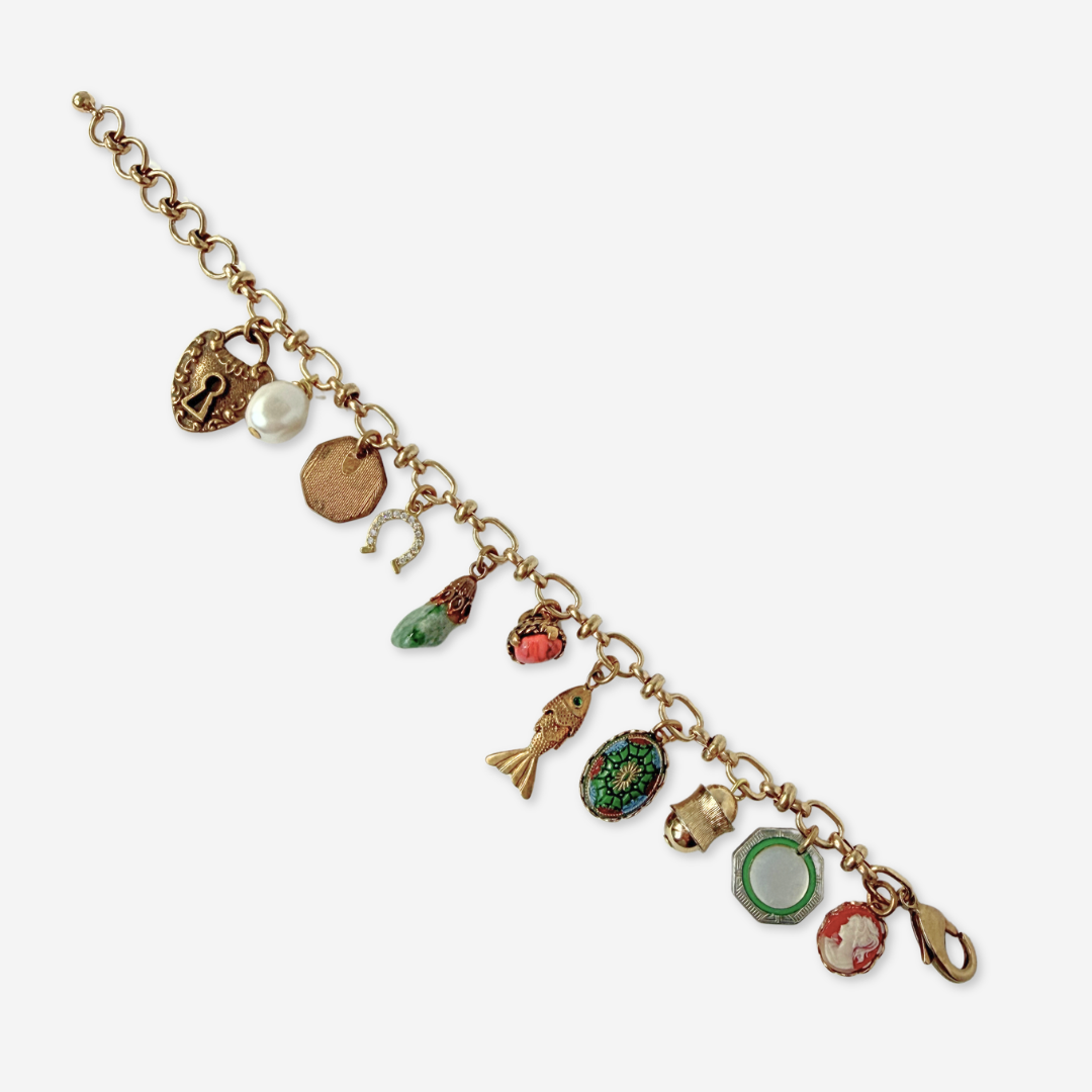 Repurposed vintage green and coral mixed charm bracelet