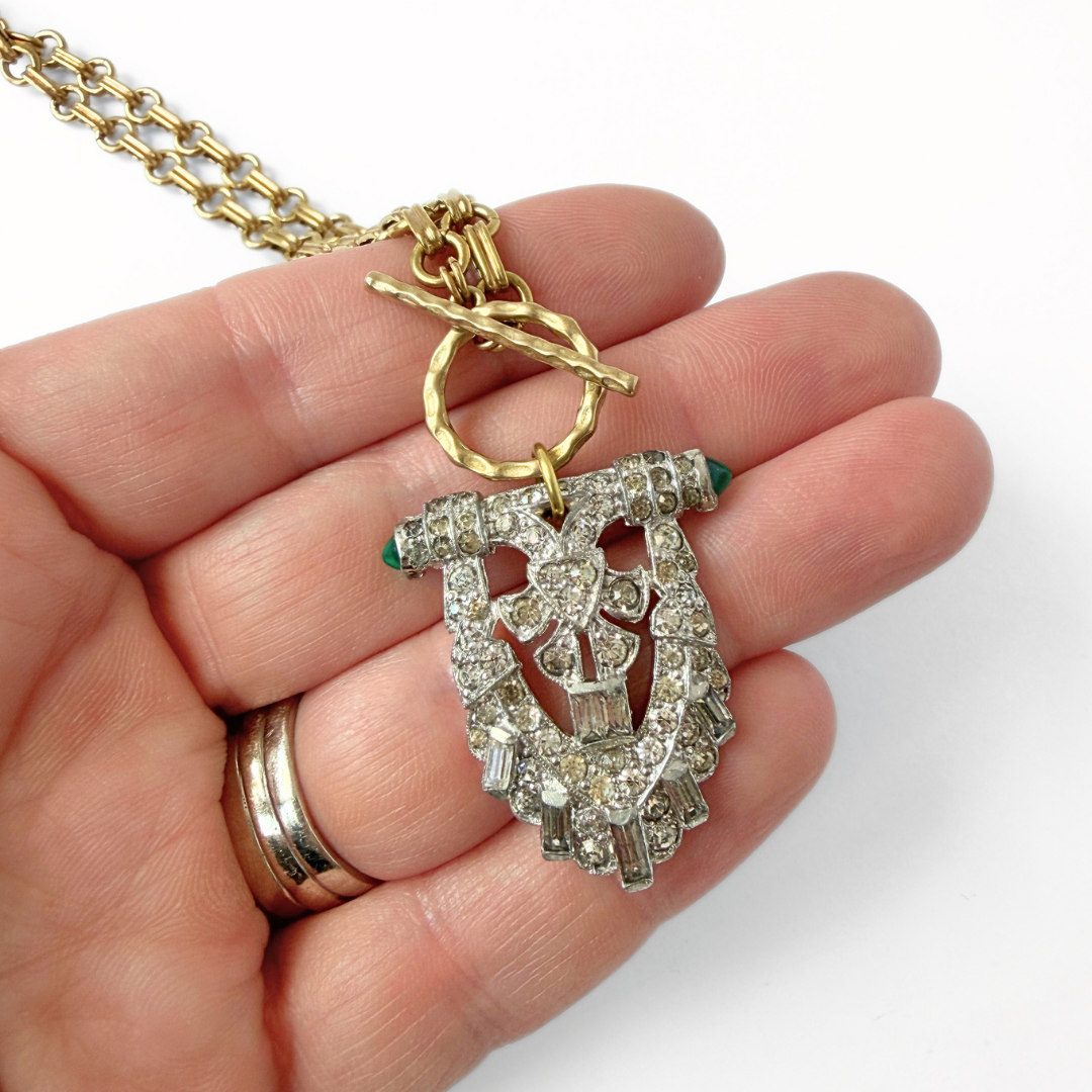 Vintage clear and emerald rhinestone deco pendant with brass chain and toggle