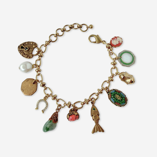 Repurposed vintage green and coral mixed charm bracelet