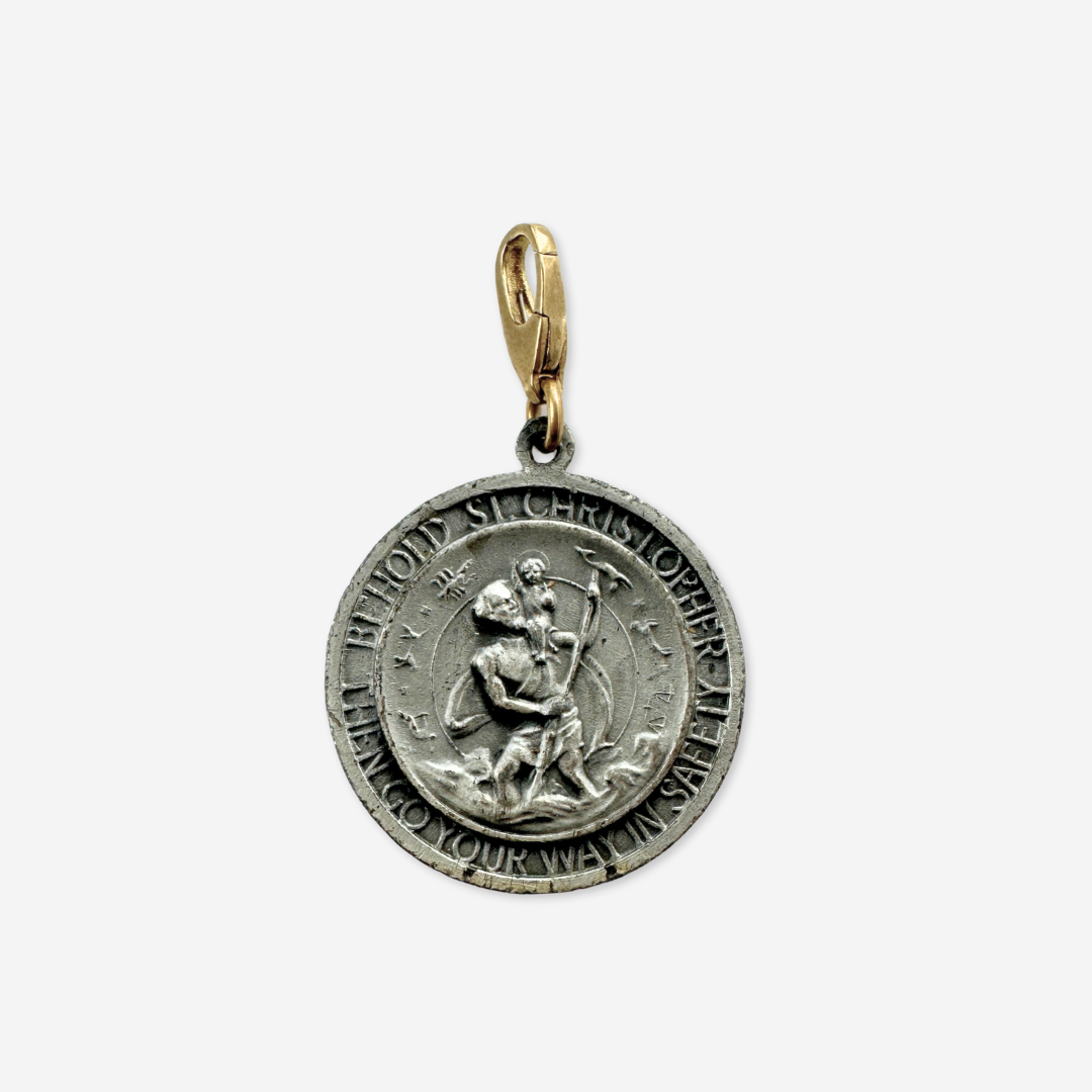 Vintage aged silver St. Mary/ St. Christopher circular charm pendant
