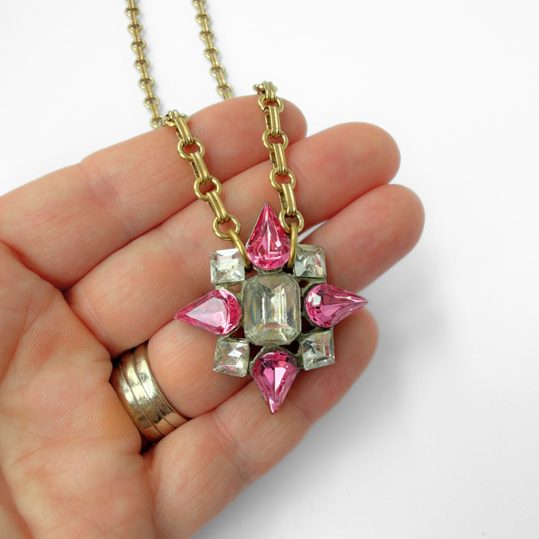 Refashioned Vintage pink and clear rhinestone pendant necklace