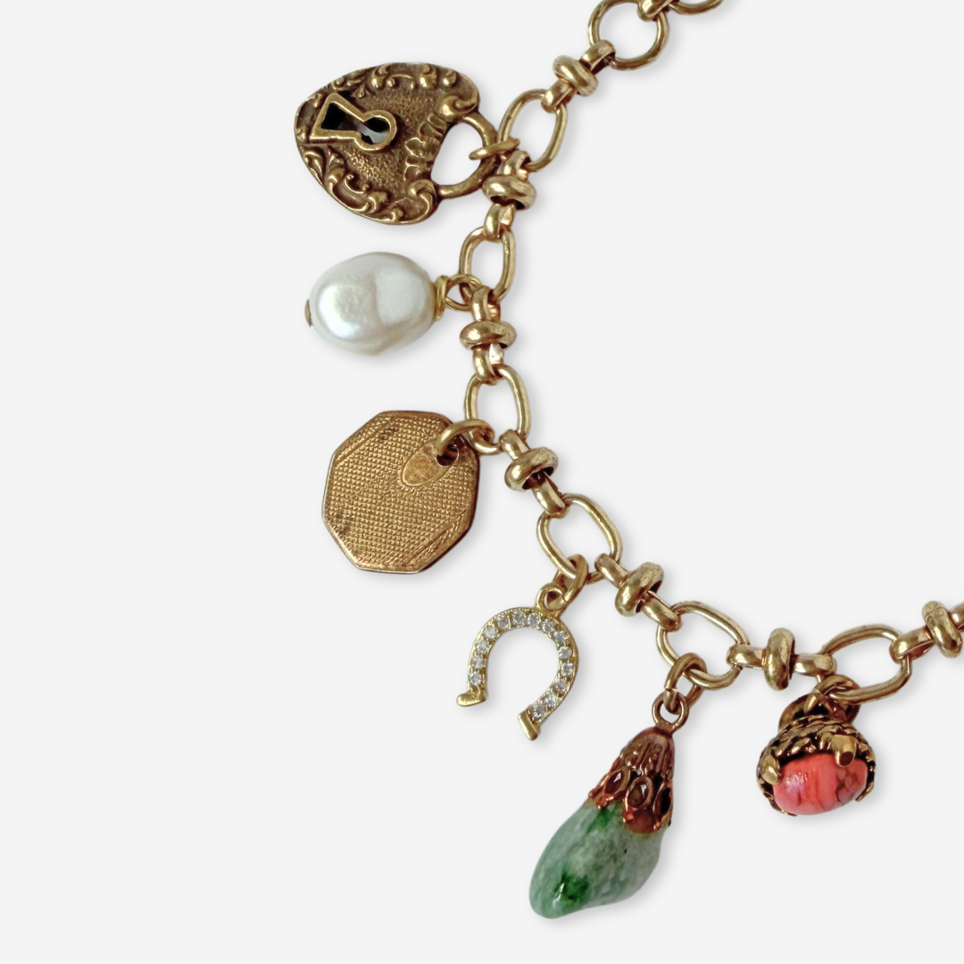 Repurposed vintage green and coral mixed charm bracelet