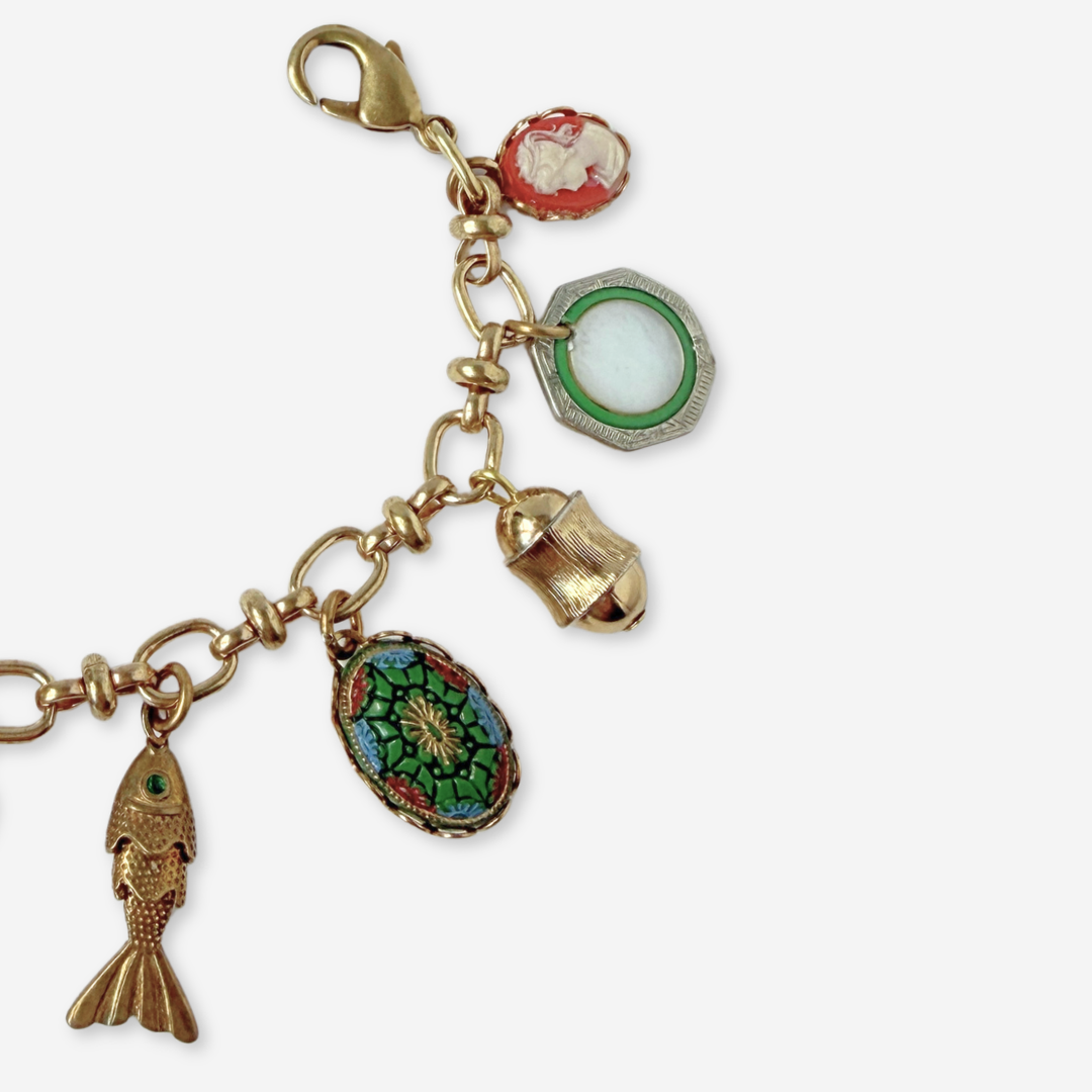 Repurposed vintage green and coral mixed charm bracelet
