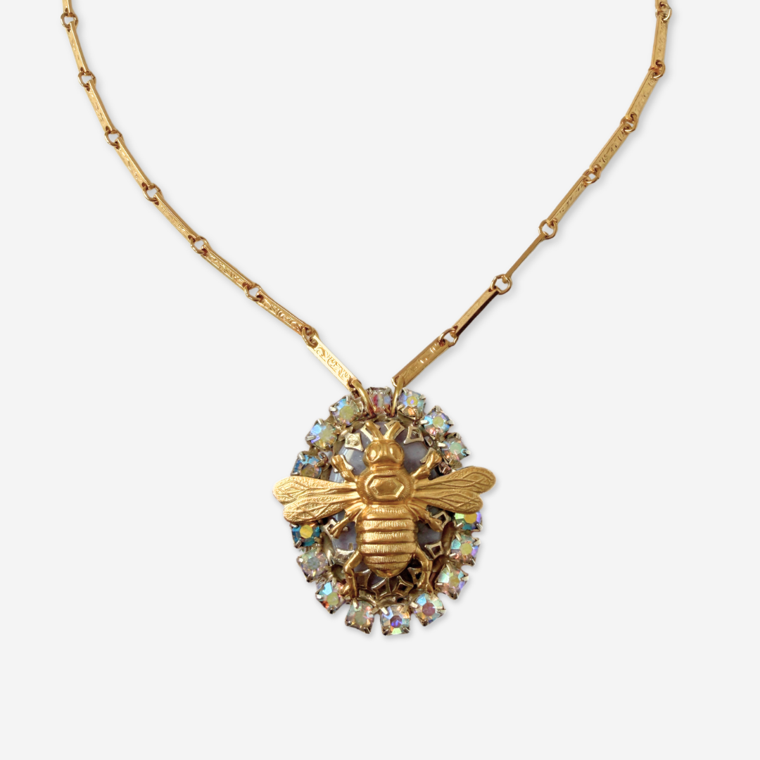 Refashioned vintage lavender and iridescent rhinestone oval bee pendant