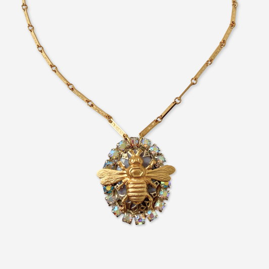 Refashioned vintage lavender and iridescent rhinestone oval bee pendant