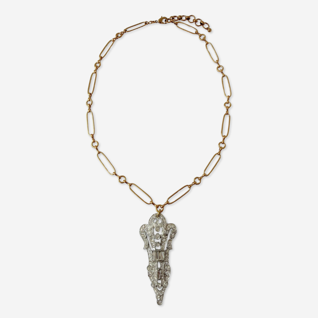 Vintage clear rhinestone elongated deco pendant with brass chain