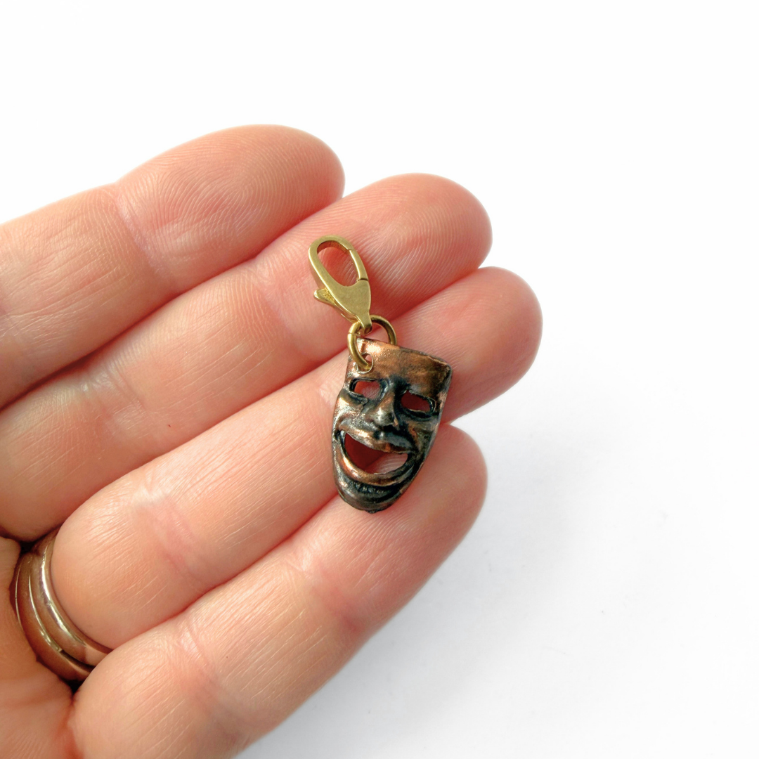 Refashioned vintage small copper-tone comedy mask charm