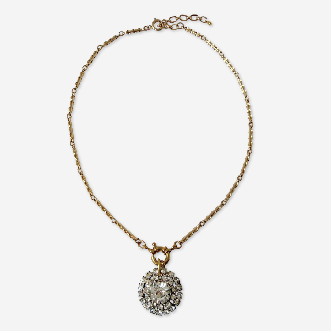Refashioned vintage round rhinestone pendant on gold bar chain
